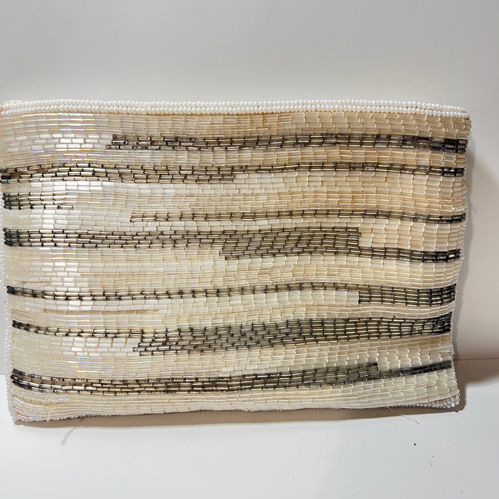 Fashion imports white and grey hand made Beaded Clutch purse